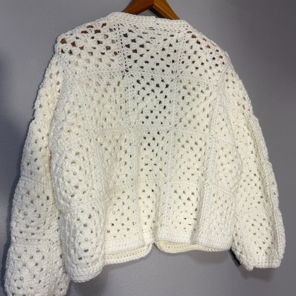 Handmade White Crochet Granny Square Jacket Pearls Cozy Elegant Cardigan Size L - Picture 4 of 6