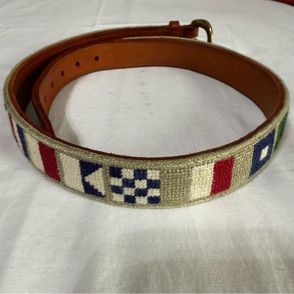 Hand Stitched Needlepoint & Leather  NAUTICAL FLAGS Size 29 Beige Initials NHP