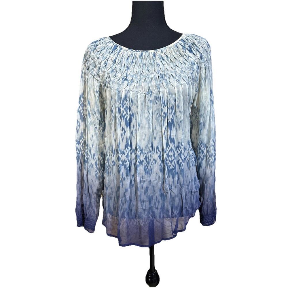 Sundance Silk Chiffon Smocked Semi-Sheer Top Blouse Geometric Ombré Size S Boho