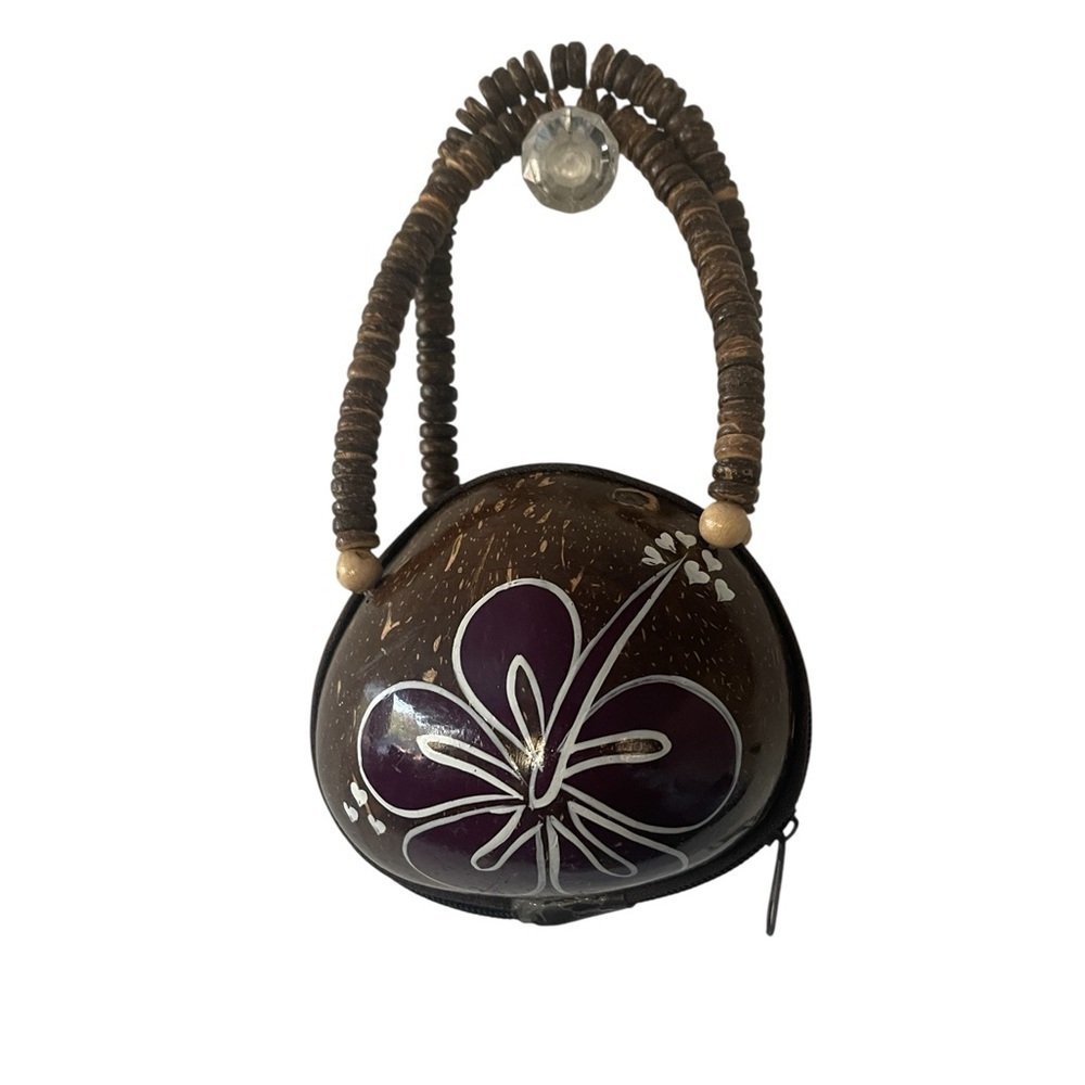 Boho Coconut Shell Mini Purse Hand-Painted Purple Flower, Lined Zip Bag