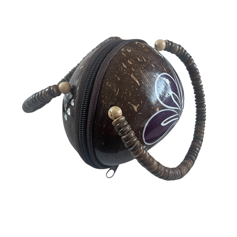 Boho Coconut Shell Mini Purse Hand-Painted Purple Flower, Lined Zip Bag - Picture 3 of 8