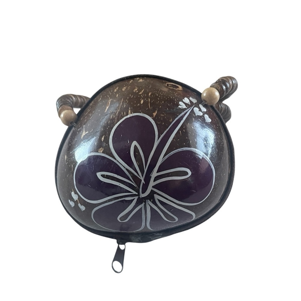 Boho Coconut Shell Mini Purse Hand-Painted Purple Flower, Lined Zip Bag - Picture 2 of 8