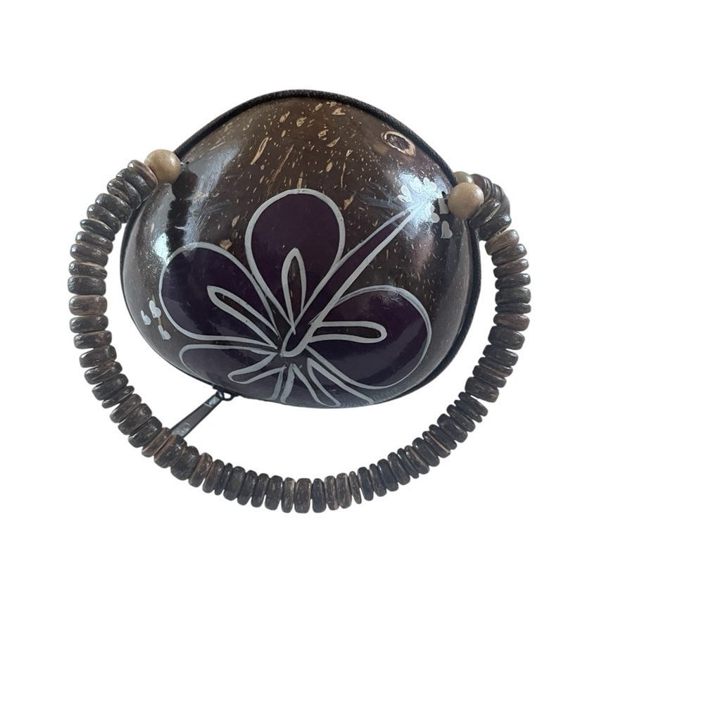 Boho Coconut Shell Mini Purse Hand-Painted Purple Flower, Lined Zip Bag - Picture 6 of 8