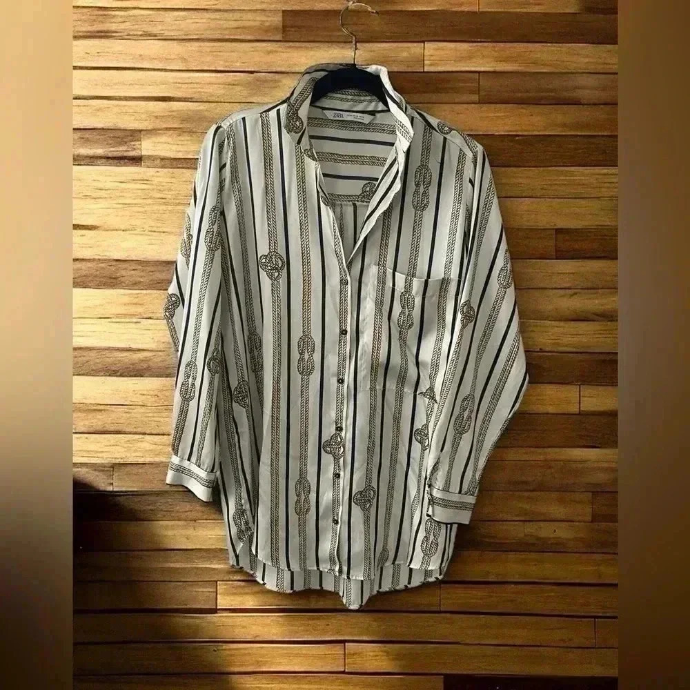 ZARA Rope Print Silky Blouse XS Nautical Long Button Up Blue White Gold