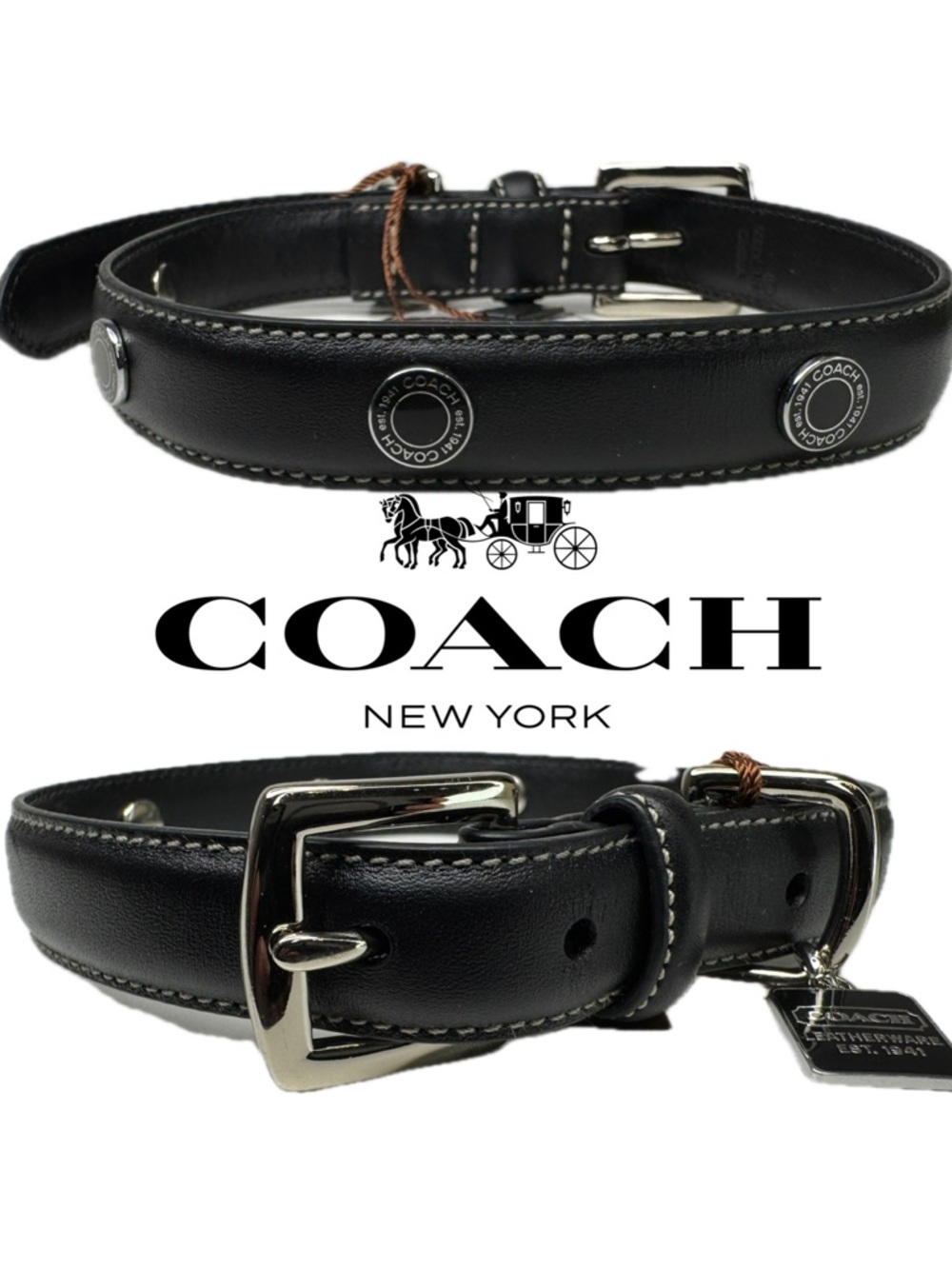 Coach Black Leather Vintage Y2K Bone ID Tag Size S Small 11-13” Dog Collar