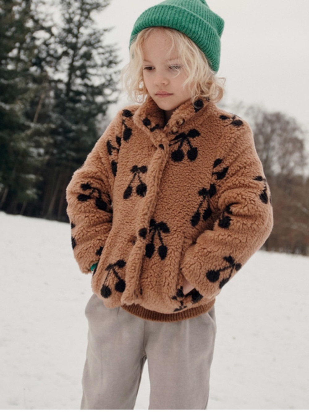 EMILE & IDA Kids Tan Sherpa Jacket with Black Cherry Print