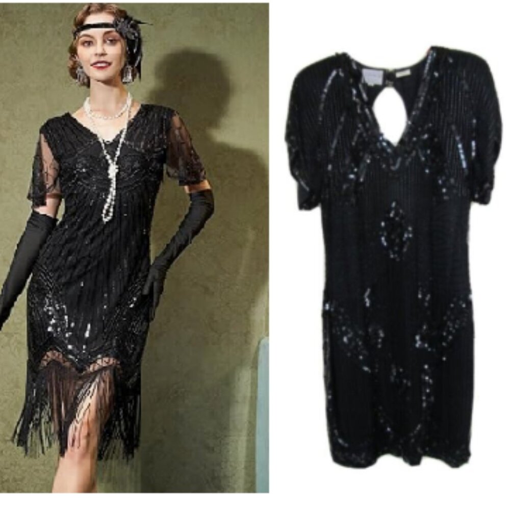 STENAY Vintage Art Deco Flapper Style Black Silk Sequins Dress - Picture 6 of 6