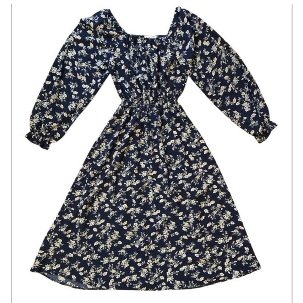 Anna-Kaci Floral Navy Blue maxi a-line  Peasant Dress