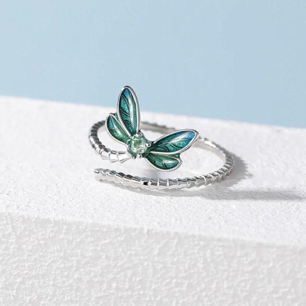 Sterling Silver Dragonfly Opening Ring Adjustable Ring Pave Setting CZ New