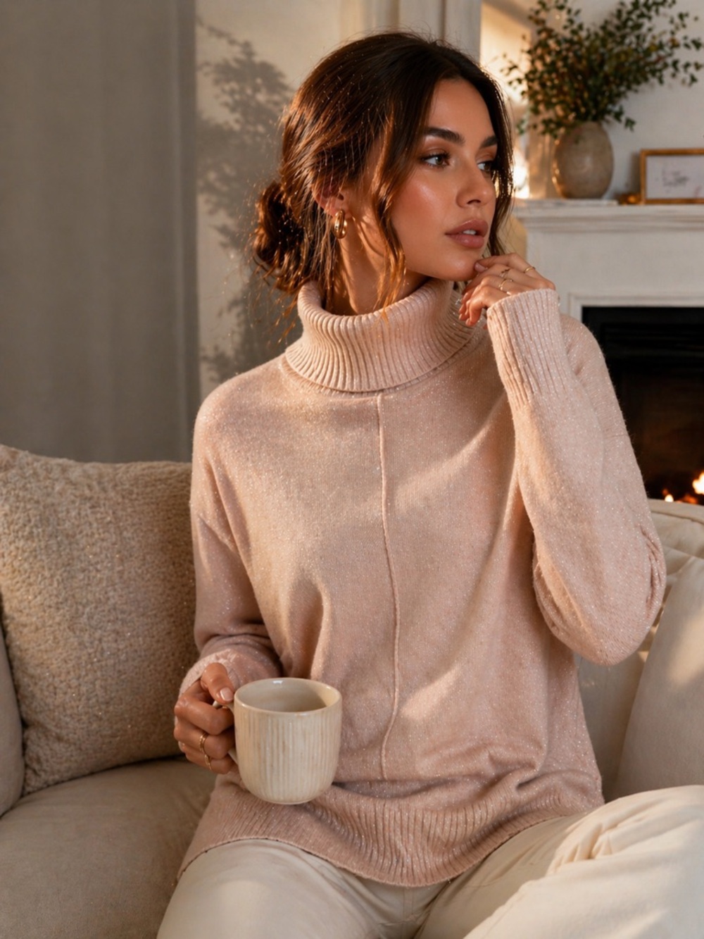 Ann Taylor Shimmer Turtleneck Sweater XS Blush Pink Soft Knit Cozy Chic