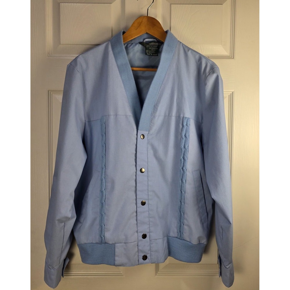 VTG Haband Mens Jacket Light Blue Medium ButtonUp Cable Knit Accent‎ Coat Bomber