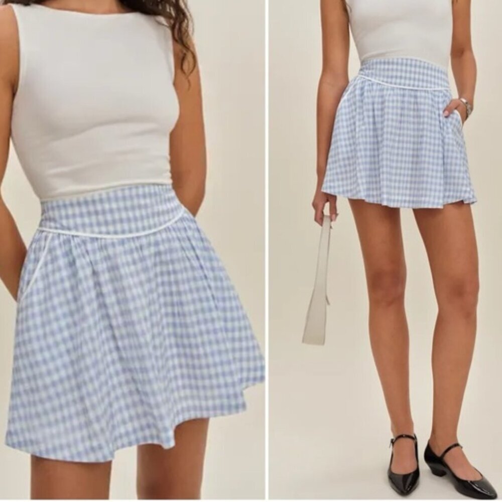 NEW Reformation Piper Mini Skirt Gingham Blue Crystal Check | US 2 UK 6