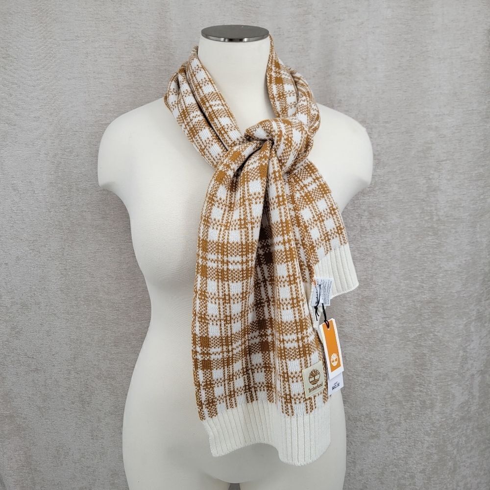 Timberland Scarf Classic Off White Cream and Orangey Tan Plaid NWT Unisex