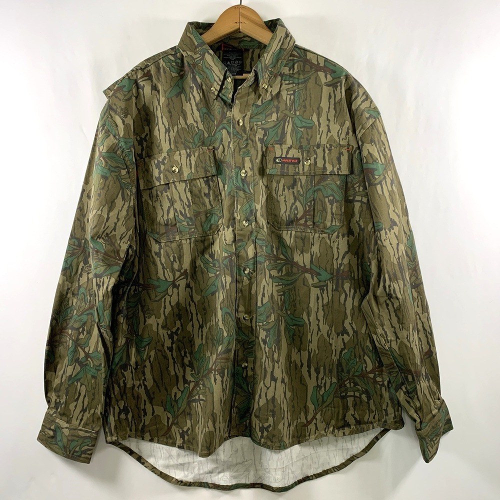 Mossy Oak Mill Hunt Mens Woodland Camo Canvas Shirt Sz L Outdoor Utility Field