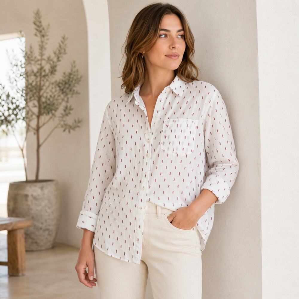 GAP Boyfriend Shirt Large White Print Button Up Long Sleeve Casual Cotton