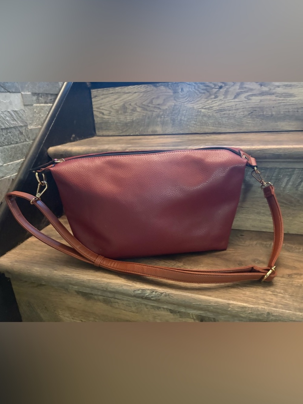 Women’s Crossbody Bag in Burgundy with Tan Strap