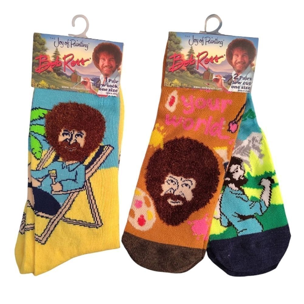 Bob Ross Printed 3 Pairs Colorful Hippie Unisex Socks NWT Artsy Neon