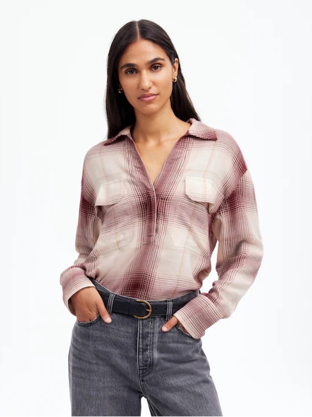 NWT Madewell Popover Shirt in Plaid Cabernet Size M