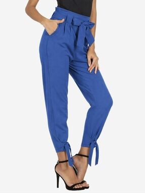 Grace Karin Blue High-Waist Paper Bag Pencil Pants with Ankle Bow-Knot, Sz Small