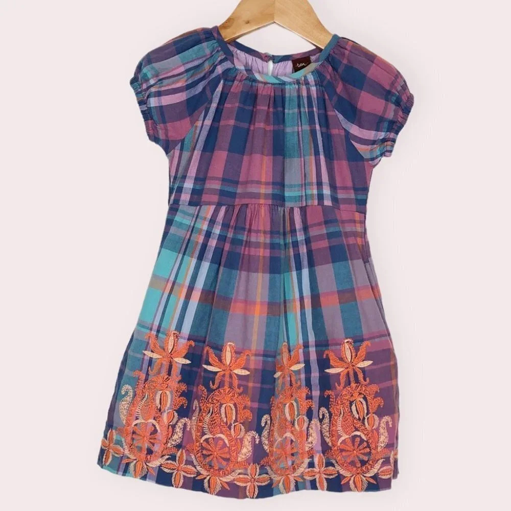 Tea Collection‎ dress Mahamaya French blue plaid embroidered size 2 years