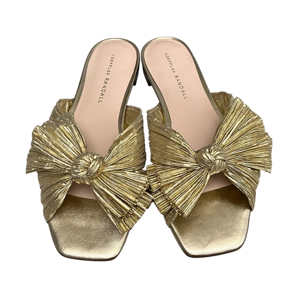Loeffler Randall Gold Lame Bow Slide Sandals 7B Square Toe Metallic