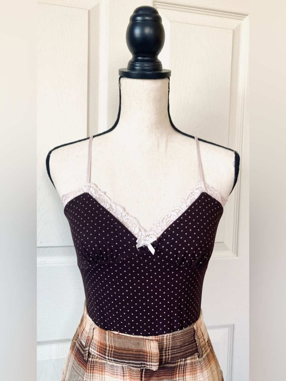 Brown Polka Dot Cami Tank Top: Cream Lace-Trim Bow, Sz. S