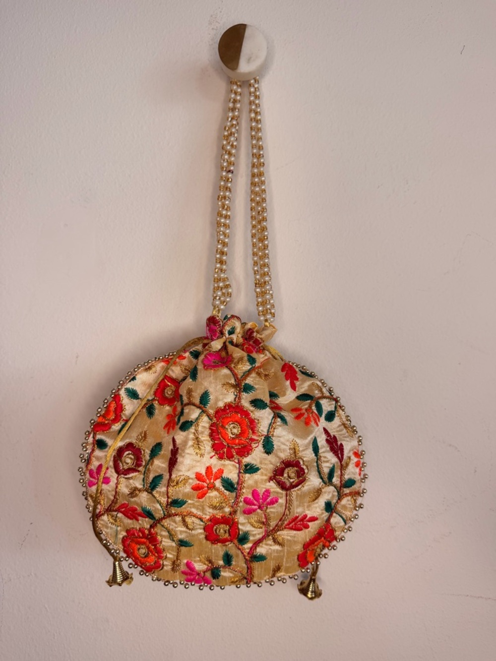 Embroidered Gold Floral Potli Bag with Pearl Strap