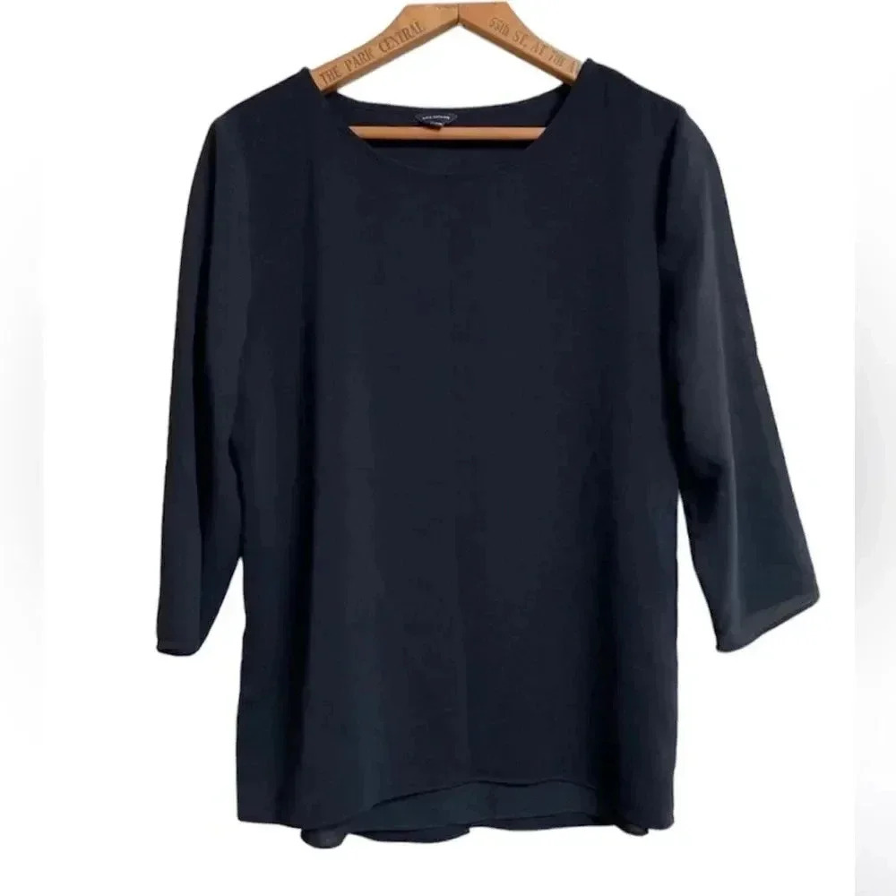 Ann Taylor Black Sheer Sleeve Split Back Blouse Stretch Work Top Size Small
