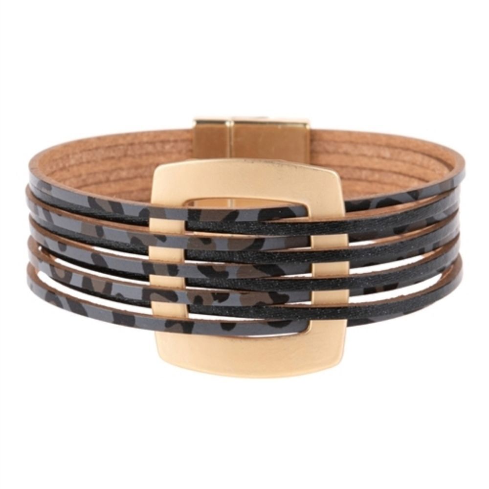 Leopard Print Black Leather Bracelet