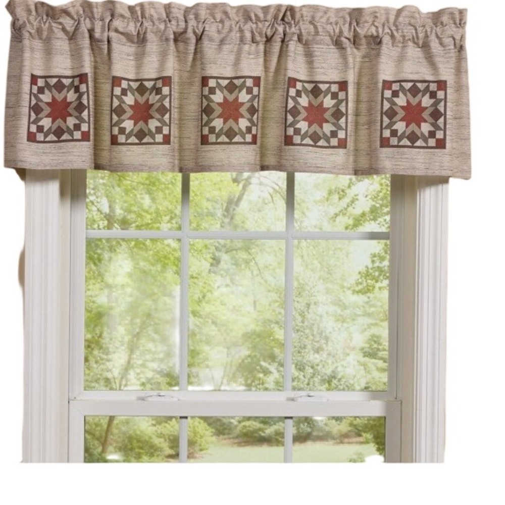 Rustic Country Star Quilt Block Window Valance 60x14 Tan Red Green Farmhouse