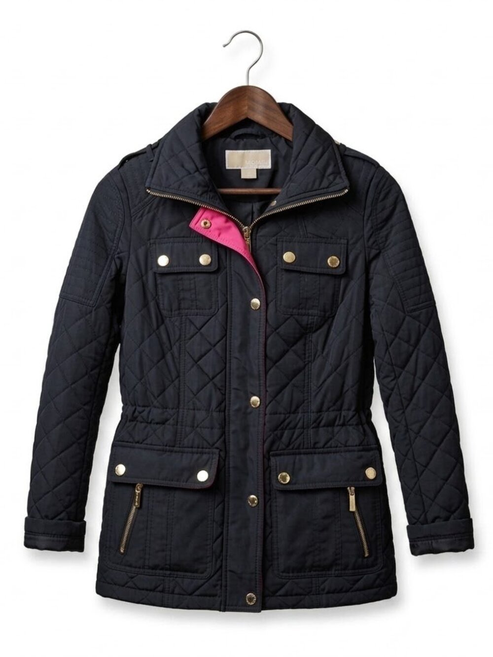 ​Michael Kors Black Quilted M65 Field Jacket | Pink Trim & Gold Hardware XSP