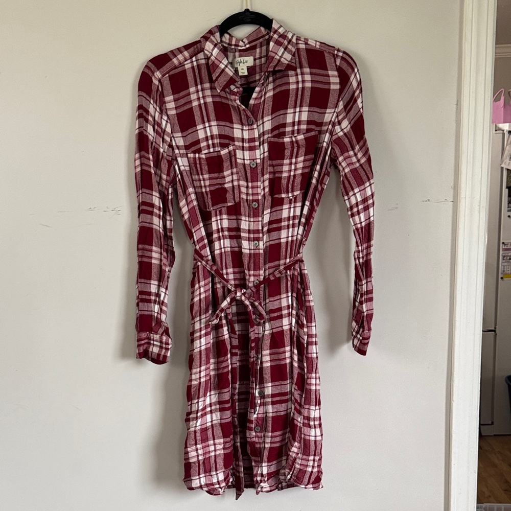 Style & Co Red Plaid Flannel Shirt Dress Petite Medium Tie Waist Cozy
