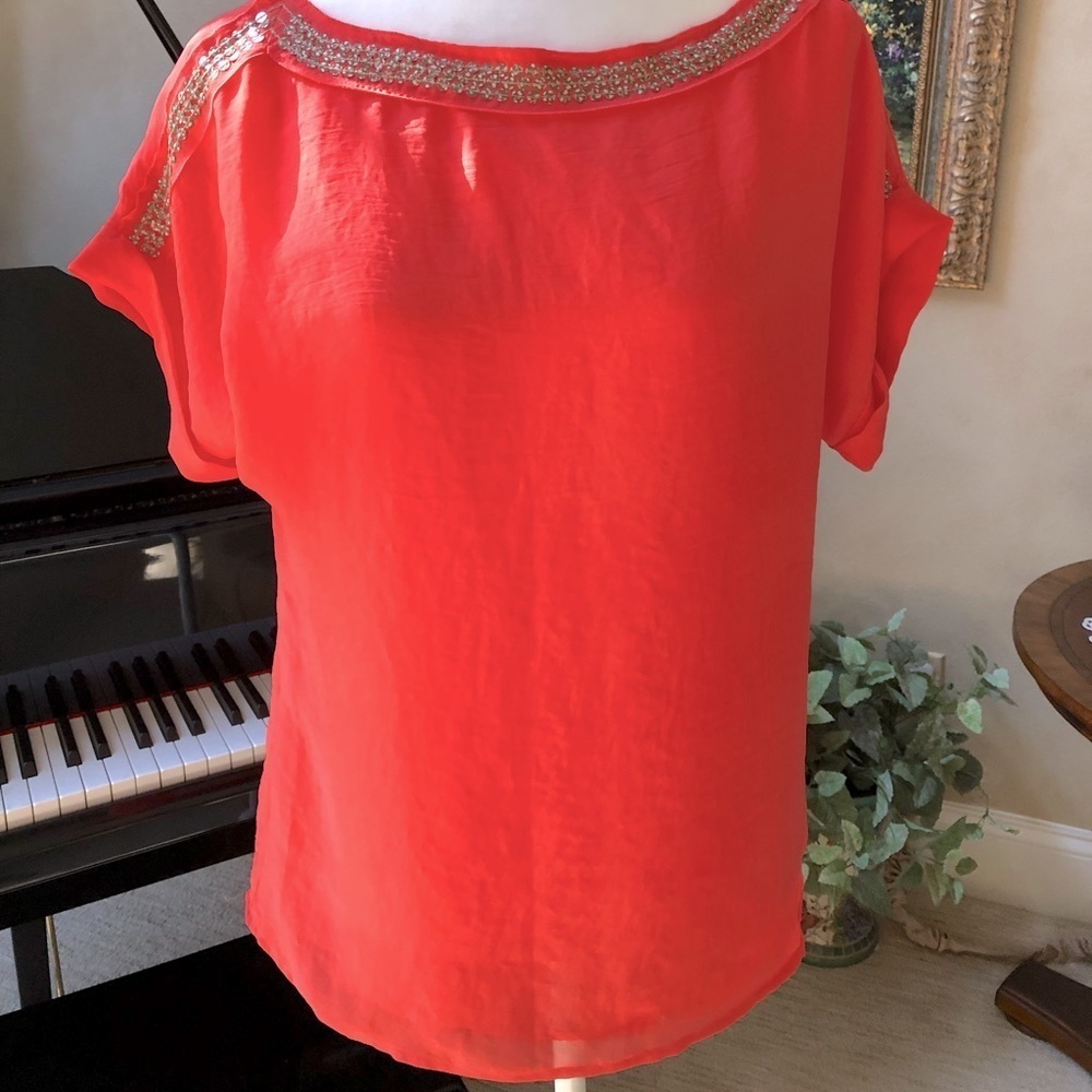 Ann Taylor LOFT Coral embellished Bateau neck blouse silky sheer women’s Small - Picture 2 of 8