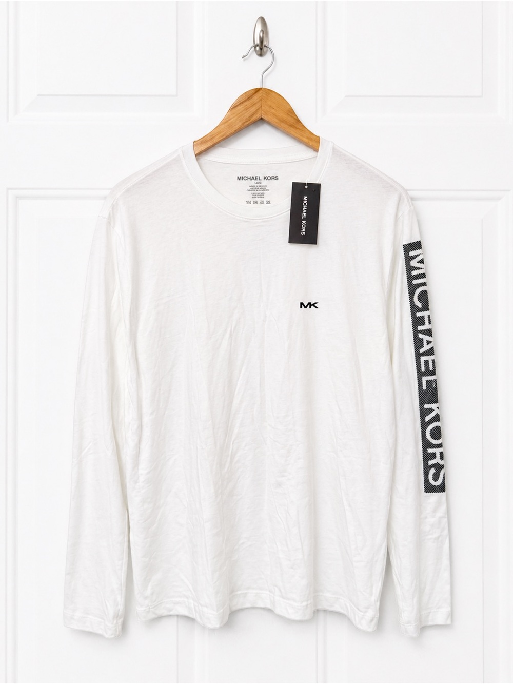 Michael Kors Mens Long Sleeve Graphic Logo Tee White Size L NEW
