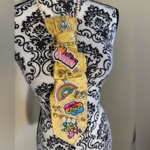 Junk Tie ~ Repurposed Yellow Silk Tie w/Gold Tone Accents & Patches