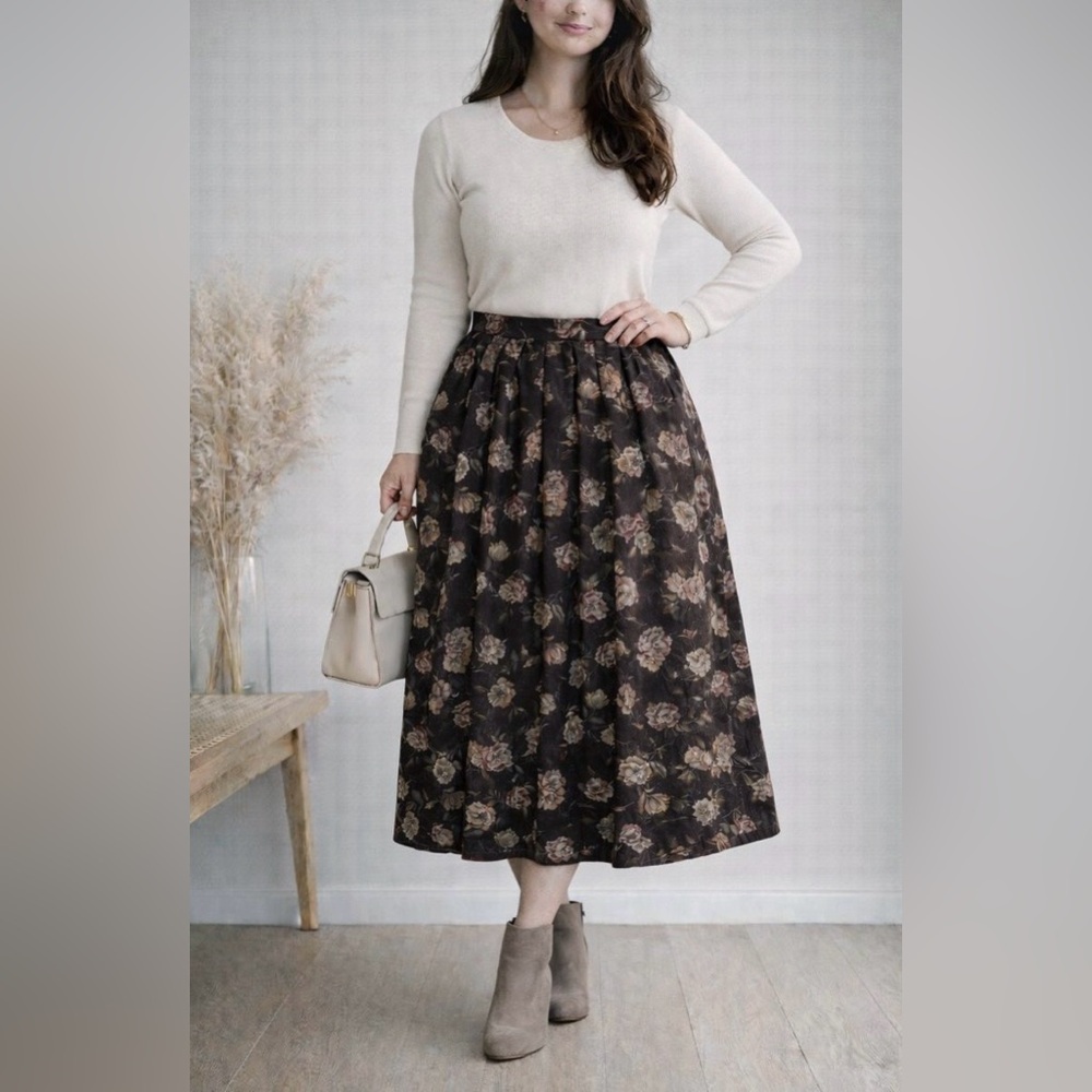 VINTAGE 90s Brown Floral Pleated Midi Skirt Plus Size‎ 18W Fall Retro Academia