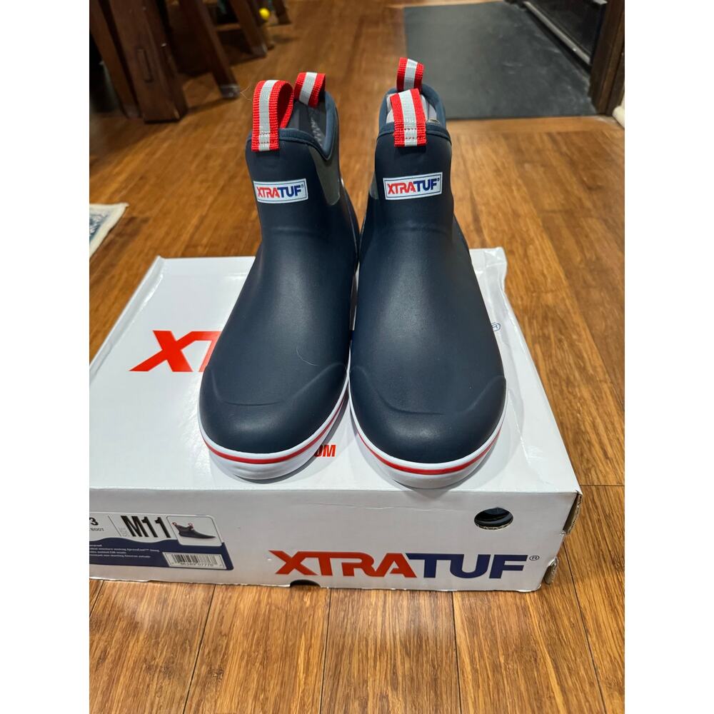 XTRATUF Ankle Deck Boots Men’s 11 Navy Red Waterproof Rubber Slip Resistant - Picture 2 of 9