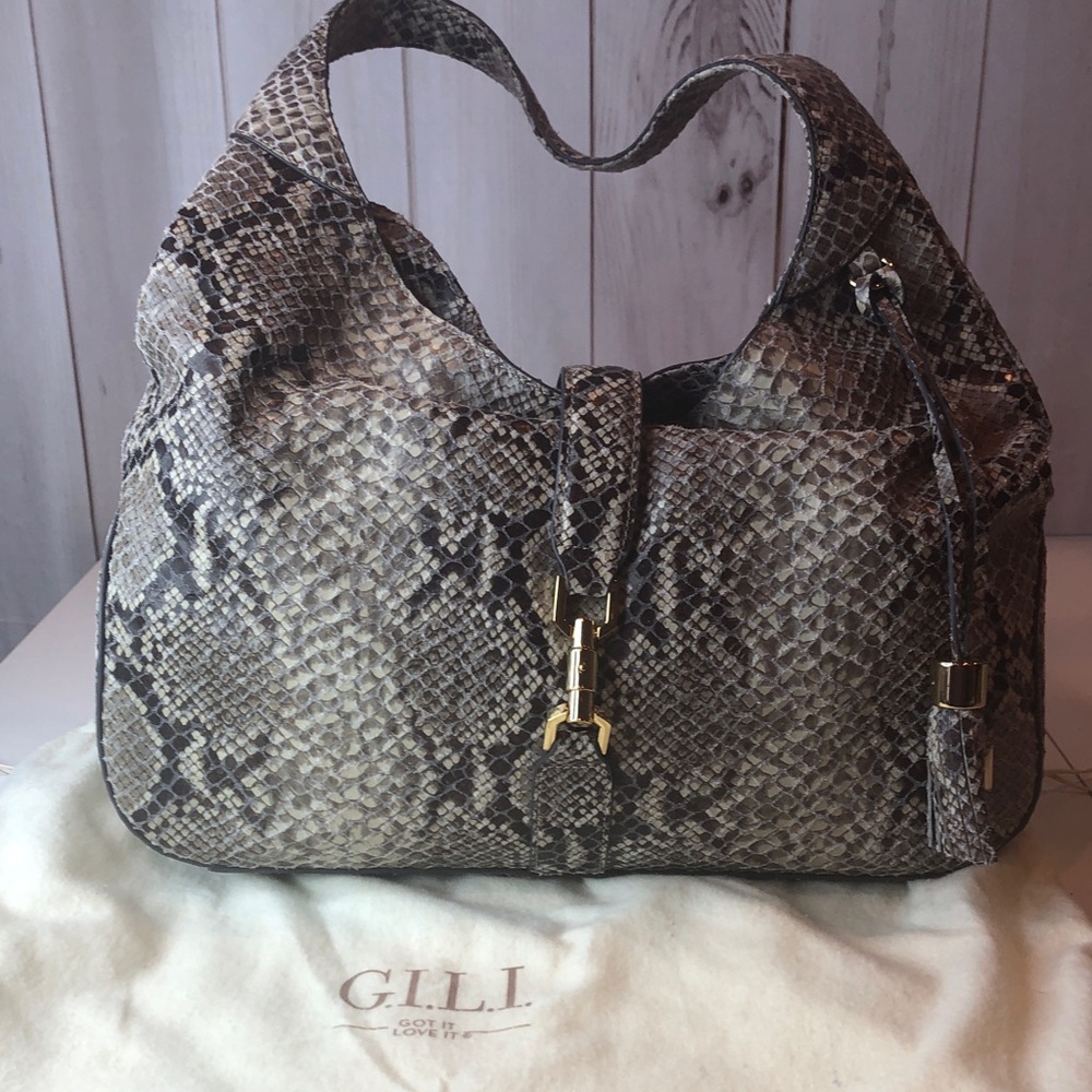 G.I.L.I. Lg Python Print Soft Leather Hobo Shoulder Bag Gold tone hardware NEW