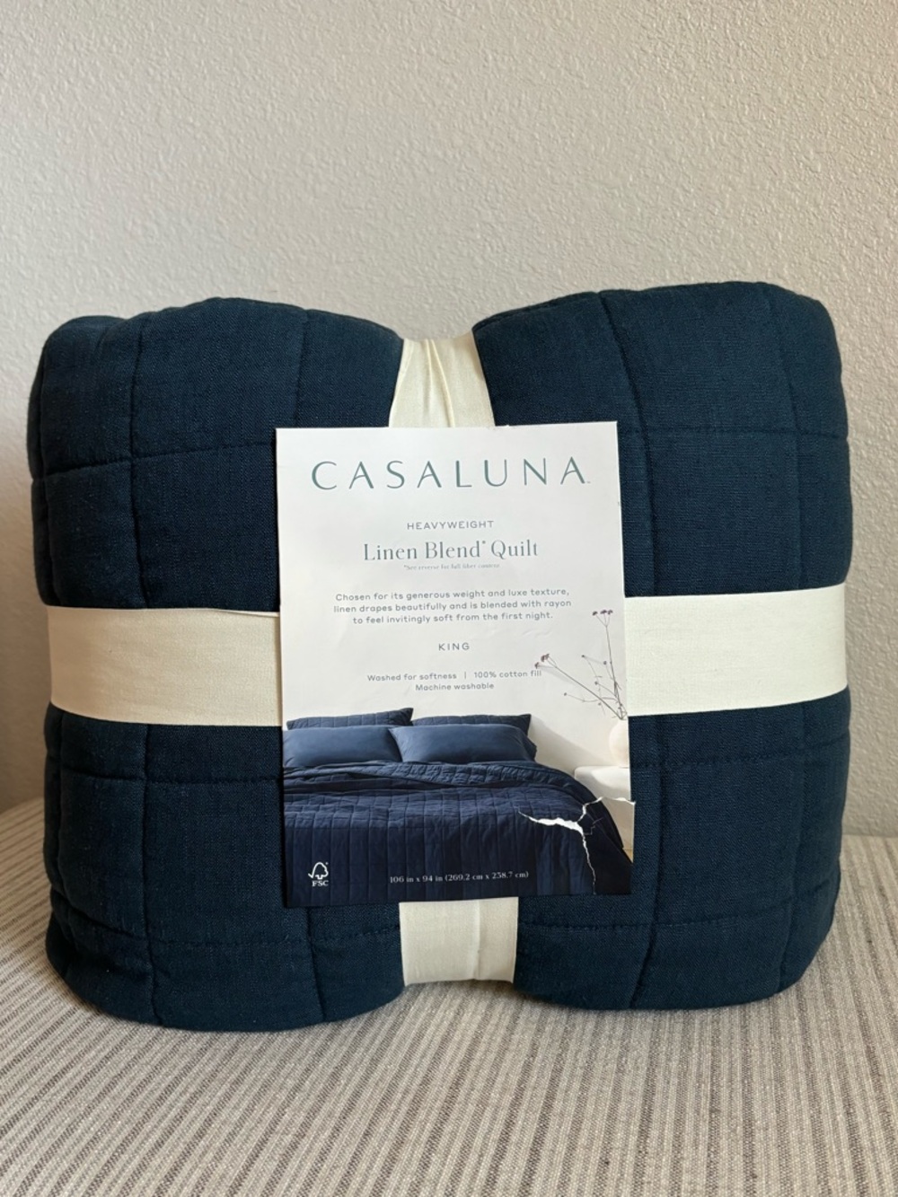 NWT King Heavyweight Linen Blend Quilt Dark Mineral Blue - Casaluna