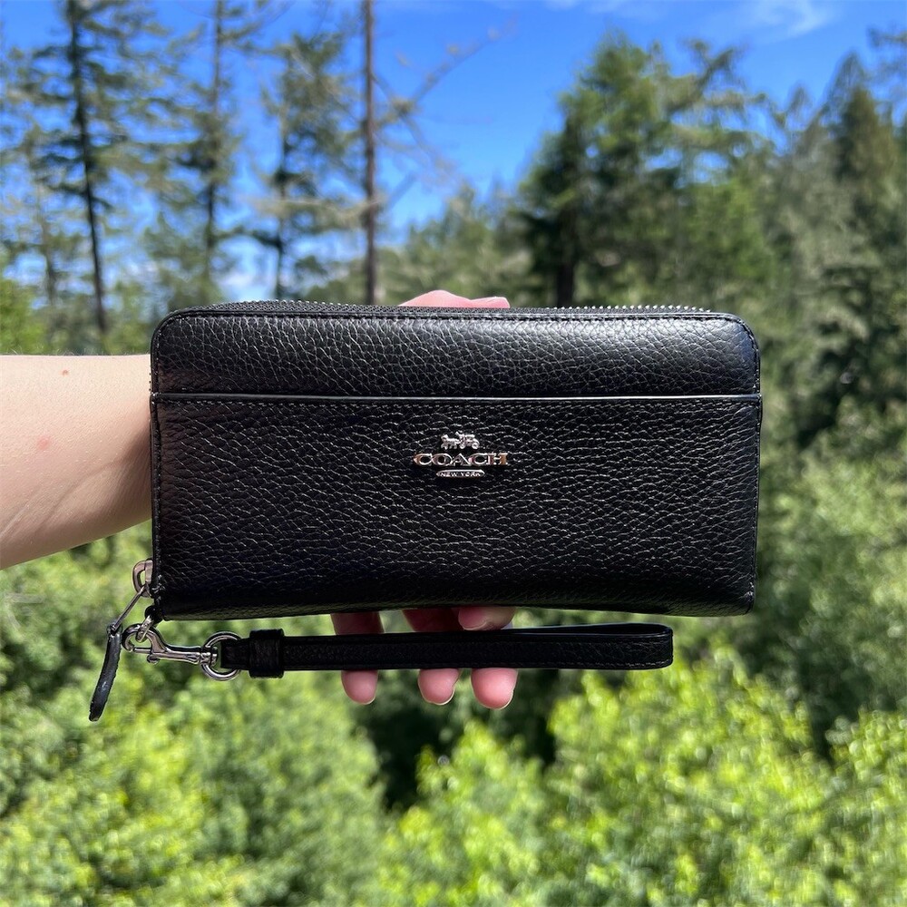 COACH Long Zip-Around Black Pebble Leather Wallet with Strap & Silver Hardware