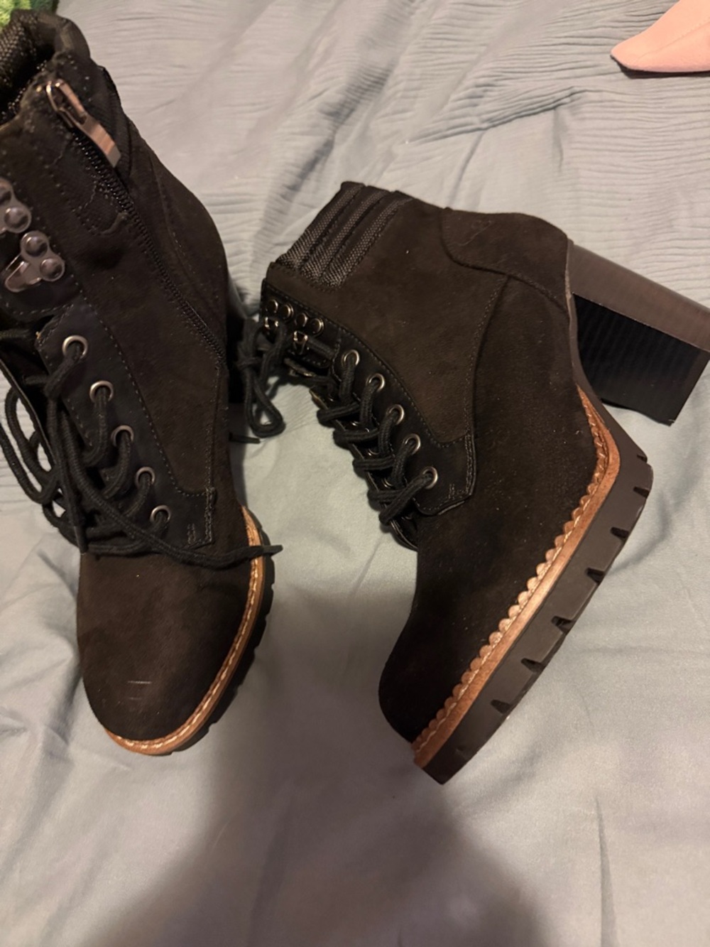 Black Suede Lace-Up Block Heel Ankle Boots