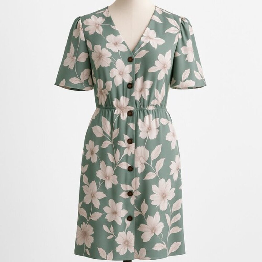 Monteau Sage Green Floral Midi Dress with Flutter Sleeves | Size L