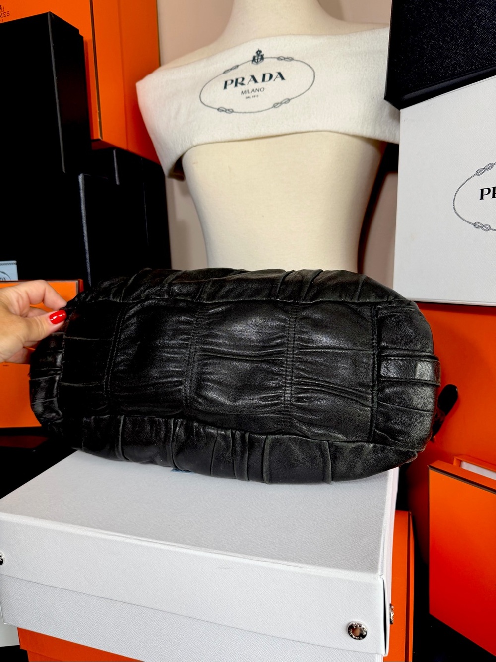 Prada ๐ Black Runched Leather Shoulder Bag with Gold ! Offers always welcome! - Picture 13 of 16