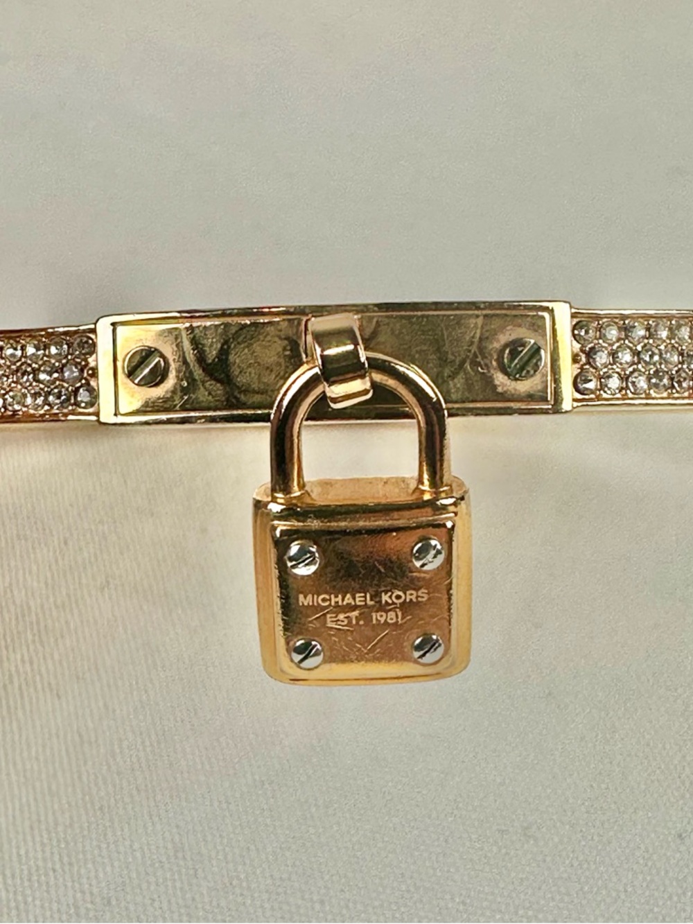 Michael Kors Brilliance Gold Plated Crystal Hinged Bracelet, Logo Pad Lock Charm - Picture 5 of 11