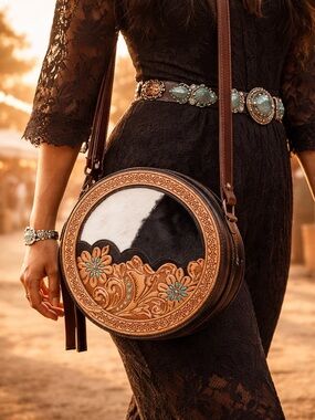 Myra Western Cowhide Round Crossbody Bag Hand Tooled Leather Boho Purse NWT