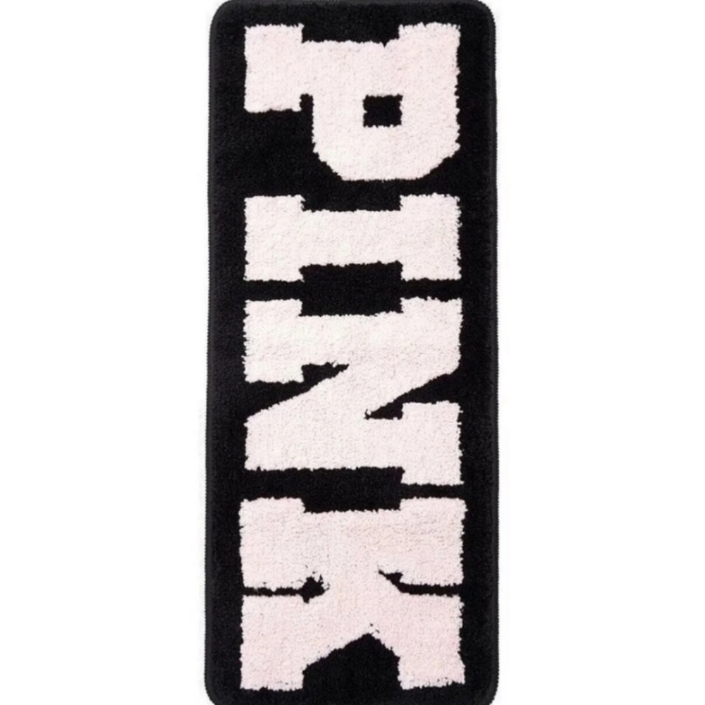 ew VS Pink Black Furry Bath Matt / Rug