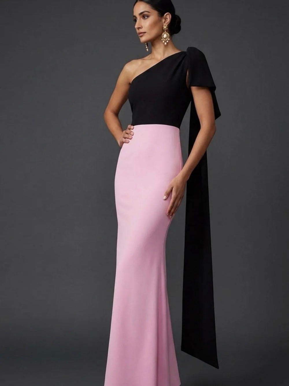 One-Shoulder Black and Pink Evening Gown