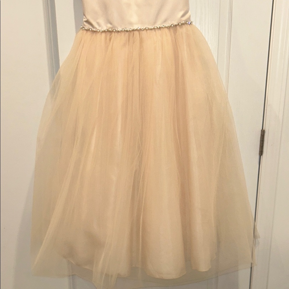 Kid’s Dream Satin Top Girls Dress with Wavy Rhinestone & Pearl Trim, Size 18.5 - Picture 5 of 8
