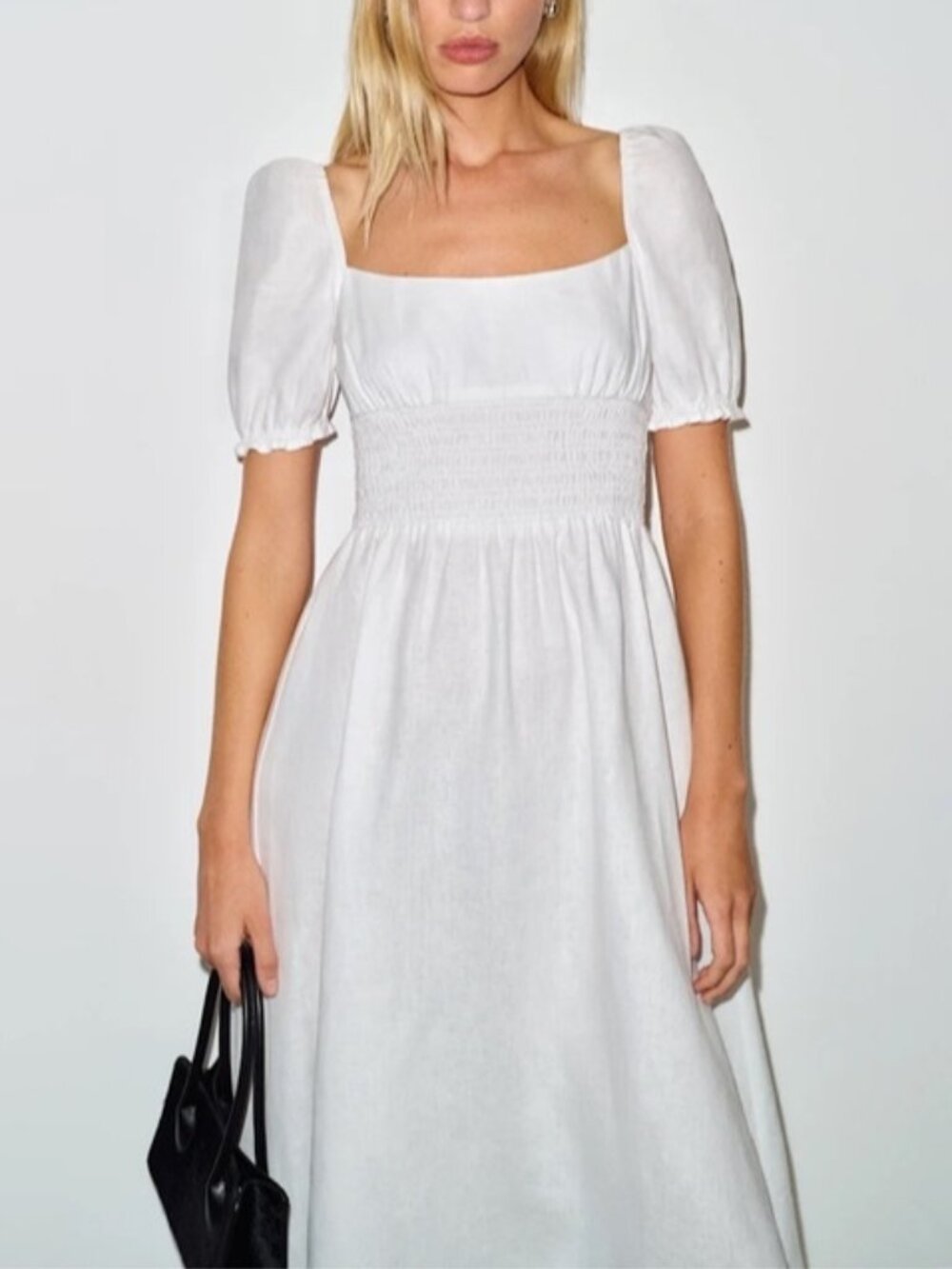 NEW Reformation Adler Linen Midi Smocked Puff Sleeve Dress White | US 2 UK 6