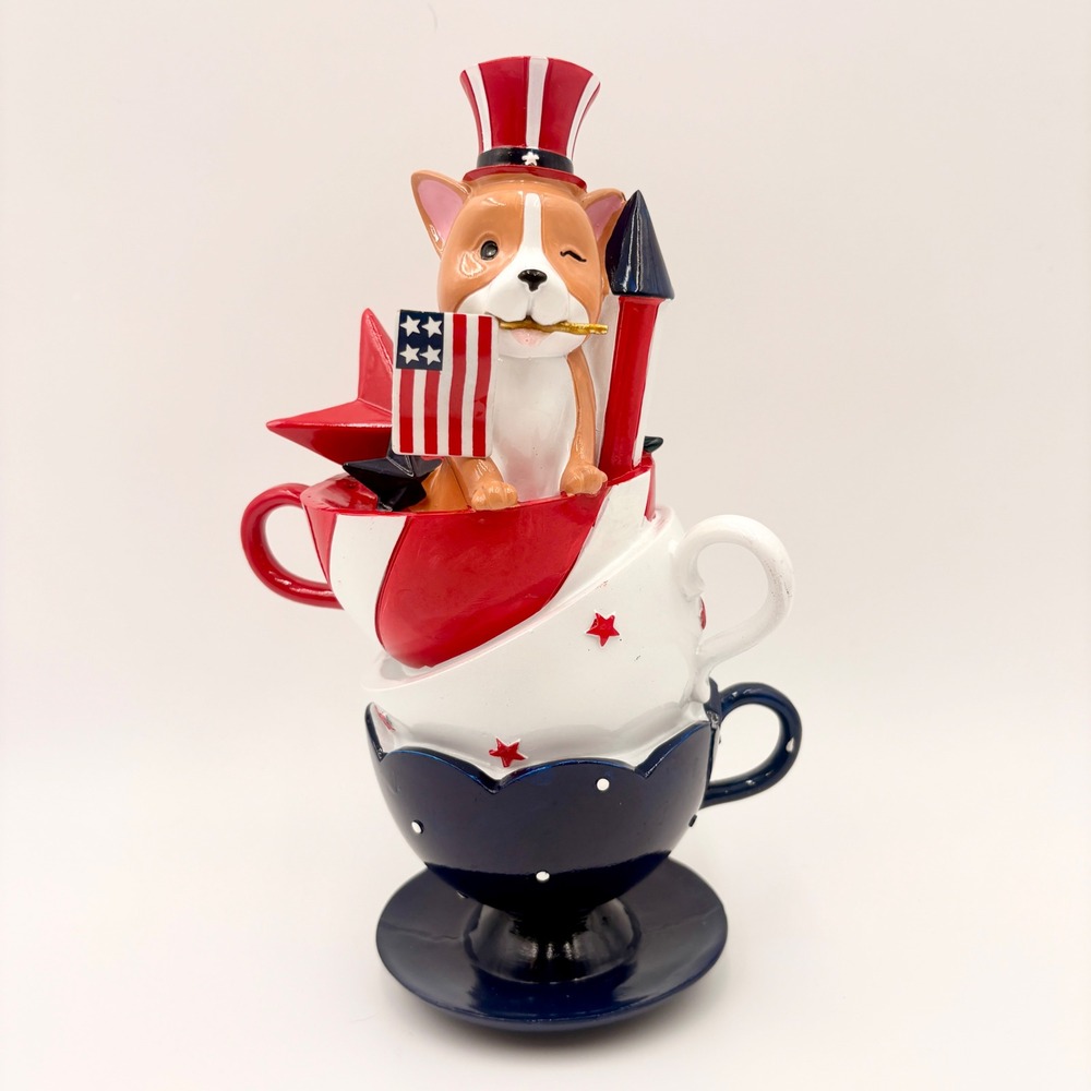 Patriotic Corgi in Teacups Figurine 4th of July Uncle Sam Dog Decor Red Blue
